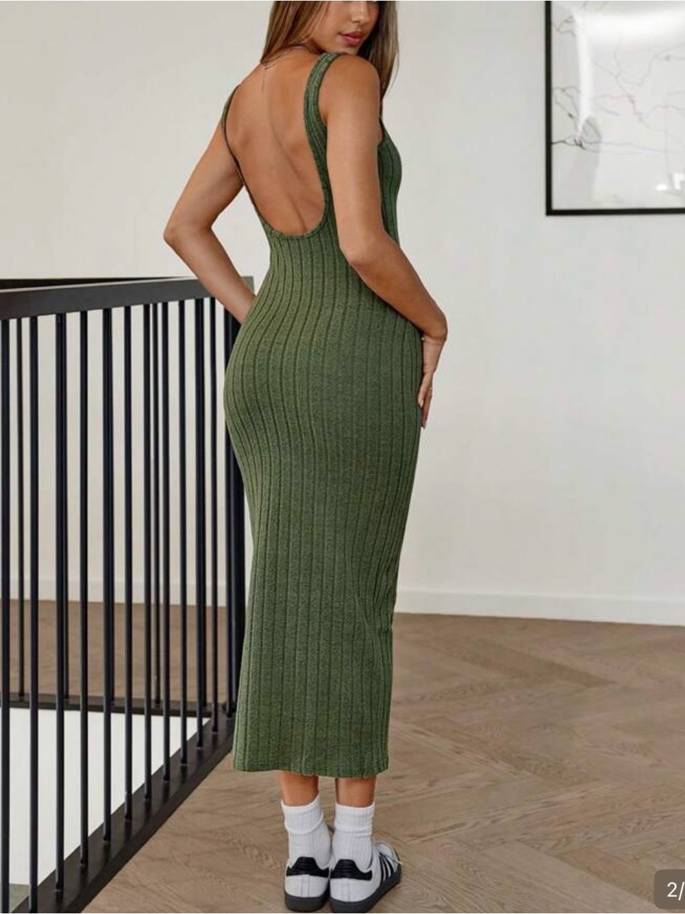 Olive Green Ribbed Scoop-Back Knit Midi Dress Size Buy one get one FREE